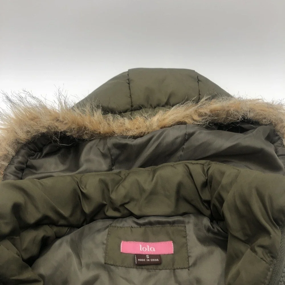 Lola Womens Puffer Vest Hoodie‎ Zipper Front Moss Green Size Small Polyester